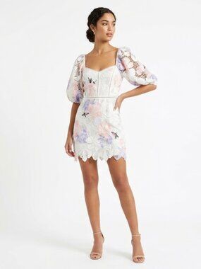 NWT Lucy Paris Elaine White Floral Lace Mini Dress Puff Sleeve S
